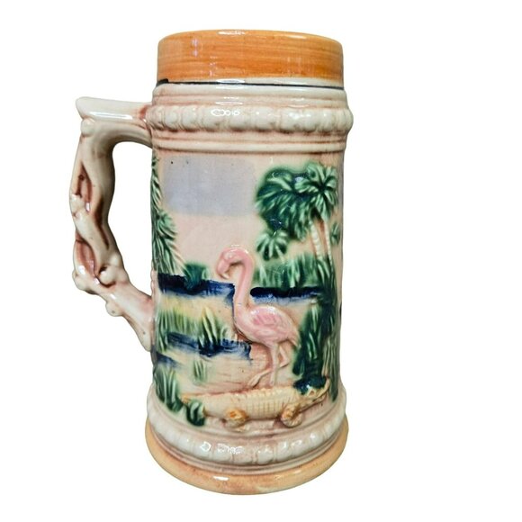 Vintage Embossed FLORIDA Mug Stein Flamingo & Marlin Made in Japan - Picture 3 of 10